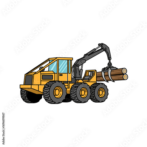 A cartoon illustration of a yellow logging truck carrying logs.