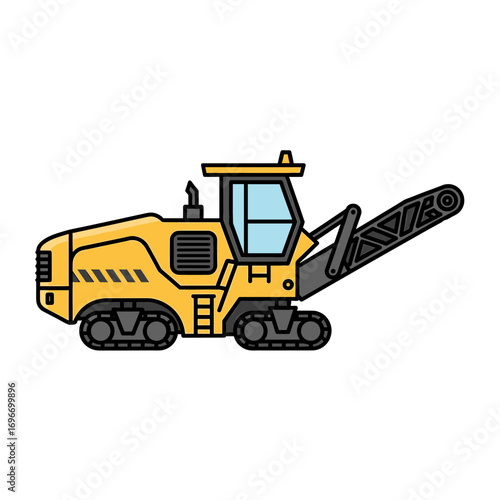 A yellow construction machine with tracks and a conveyor belt, depicted in a simple, flat style.