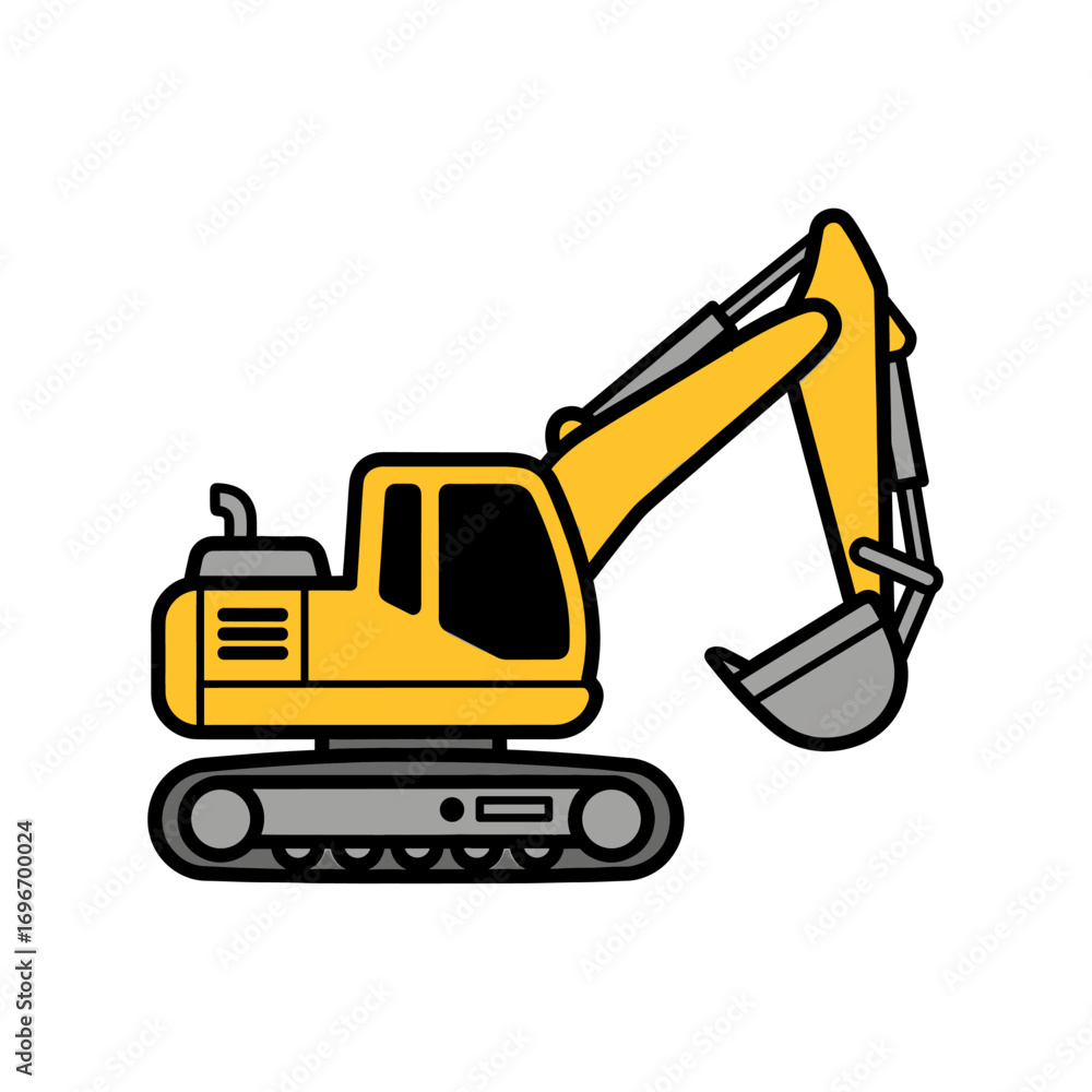 A yellow excavator with a gray bucket is shown in a simple, cartoon-like illustration. A yellow excavator with a gray bucket is shown in a simple, cartoon-like illustration.