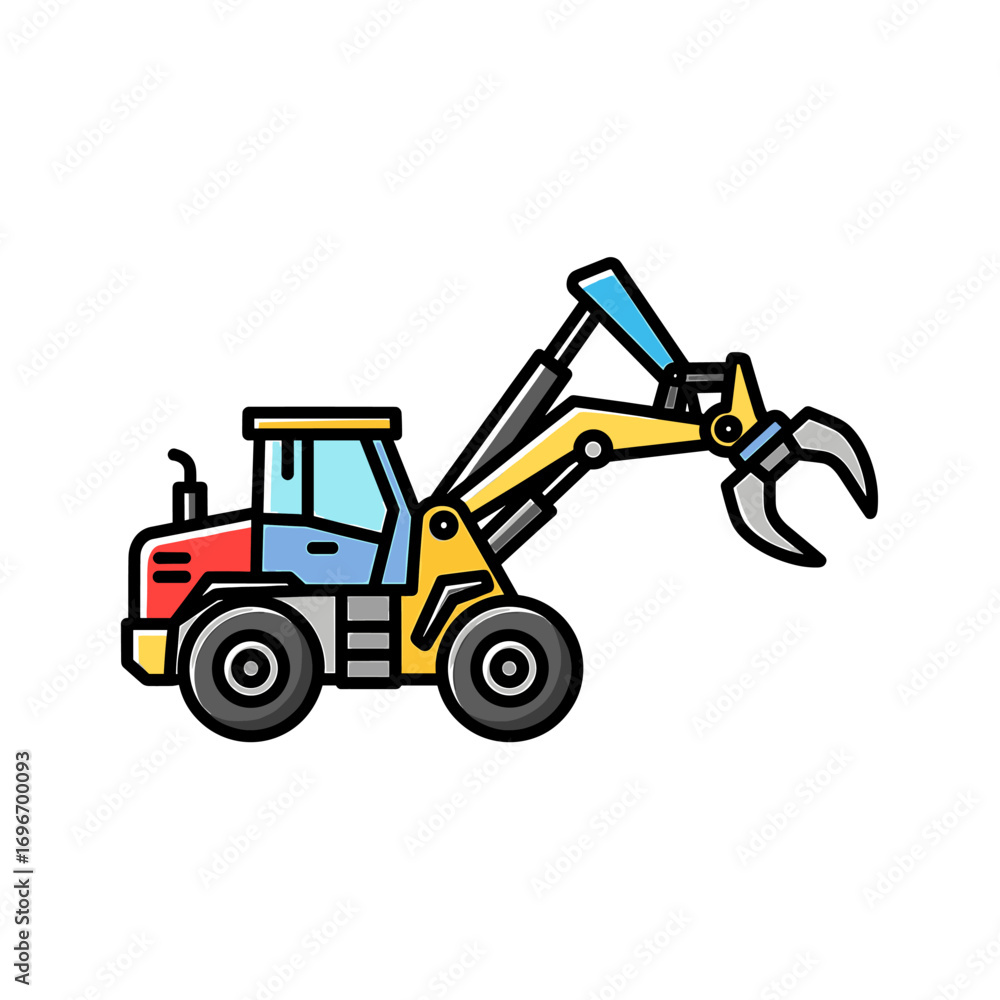 Fototapeta premium Colorful illustration of a forestry or construction vehicle with a claw-like arm.