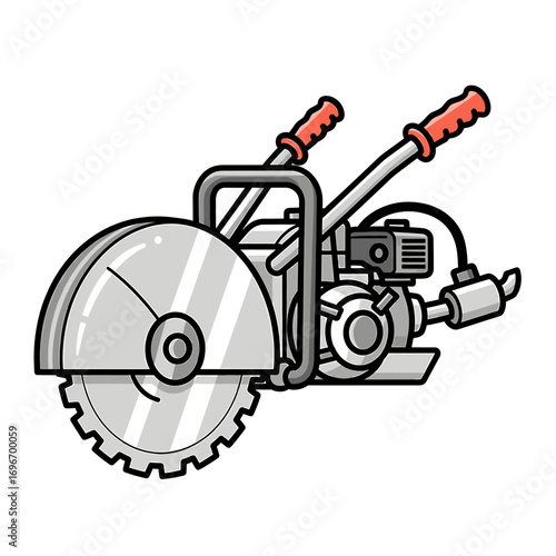 A cartoon illustration of a circular saw, featuring handles and engine details.