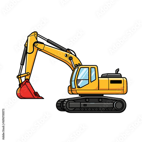 A cartoon illustration of a yellow excavator with its arm extended, ready for work.