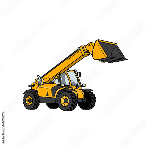 Yellow telescopic handler with raised bucket, isolated on a white background.