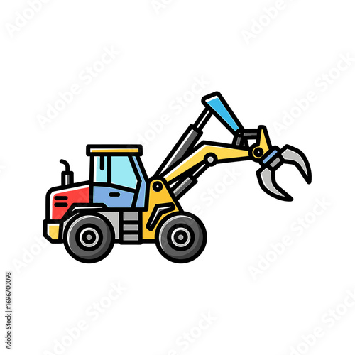 Colorful illustration of a forestry or construction vehicle with a claw-like arm.