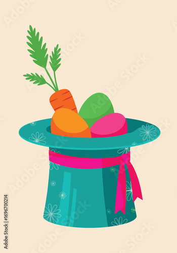 An easter surprise emerging from a magic top hat awaiting springtime celebrations