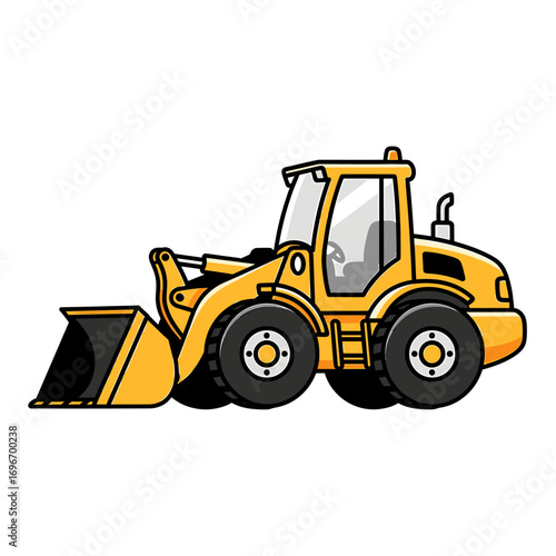A cartoon illustration of a yellow wheel loader, a construction vehicle with a large bucket.