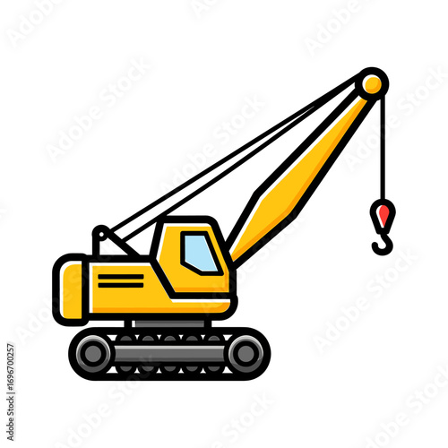 A cartoon illustration of a yellow construction crane, depicted in profile view.