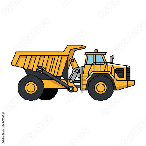 A yellow articulated dump truck, side profile view, heavy-duty construction vehicle.
