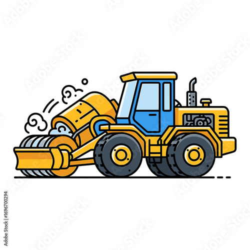 A yellow and blue road roller compactor smoothly levels a surface, leaving a trail of steam.