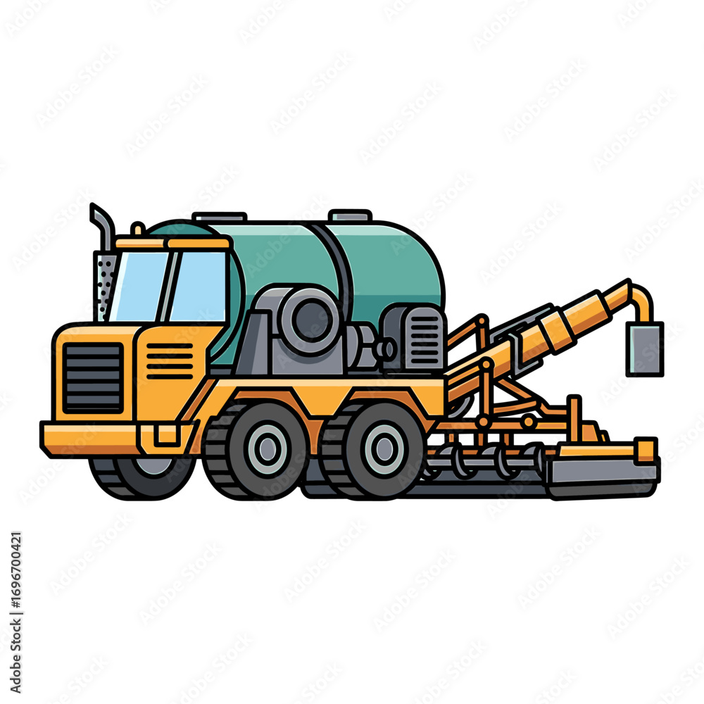 Obraz premium A cartoon illustration of a road maintenance truck, ready for asphalt work.
