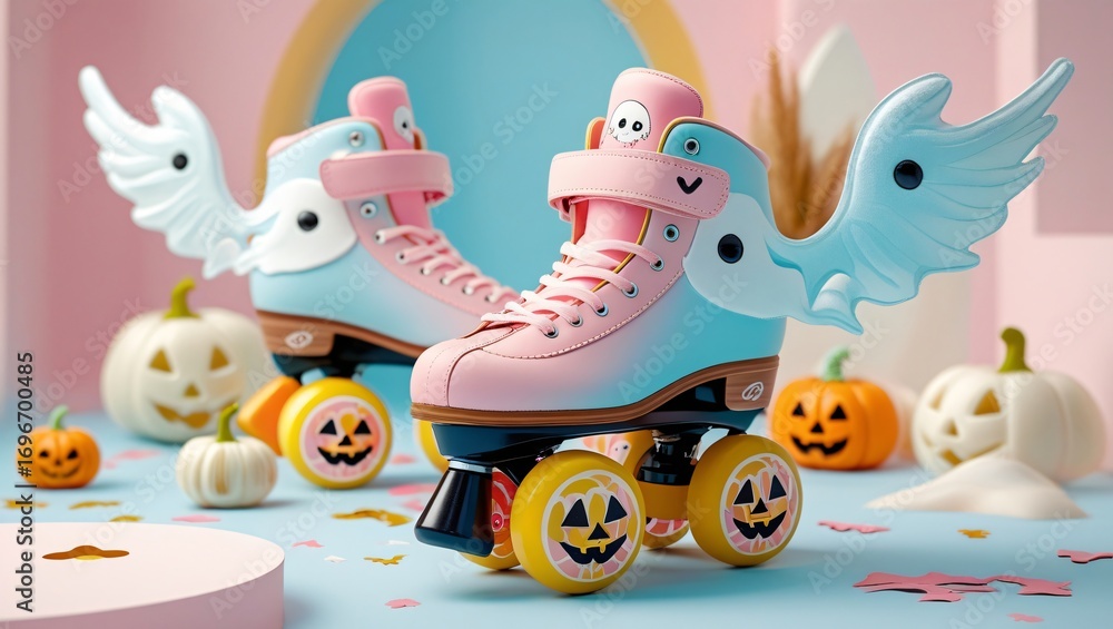 Obraz premium Kawaii pastel roller skates decorated with ghost wings and pumpkin wheels, cartoon cute style
