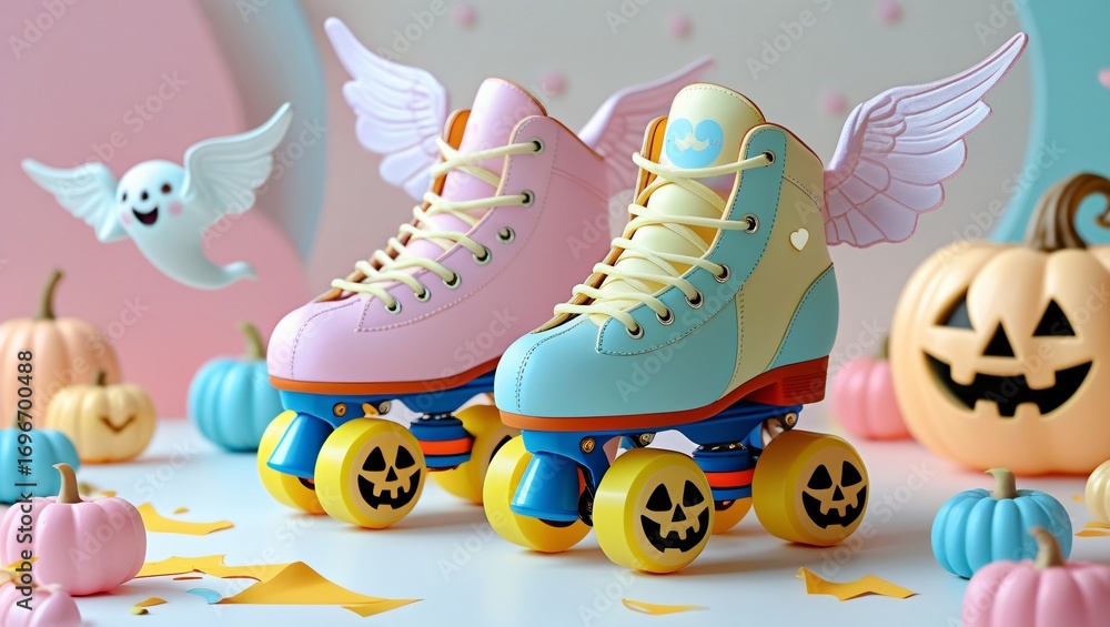 Fototapeta premium Kawaii pastel roller skates decorated with ghost wings and pumpkin wheels, cartoon cute style