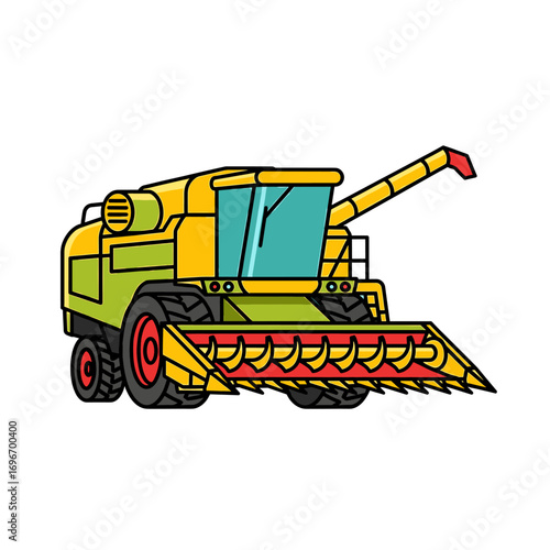 A colorful illustration of a large, yellow and green combine harvester used for harvesting crops.