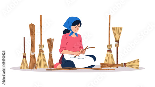 Crafting the Everyday: A skilled artisan meticulously weaves a broom with a timeless craft. A dedication to detail, reflecting tradition and artistry.
