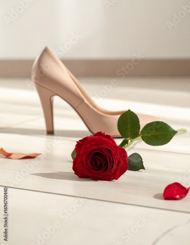 Close-up vertical shot of a red rose lying on the floor next to a woman’s high heel