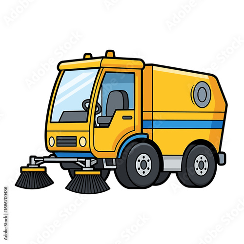 A yellow street sweeper vehicle with brushes, ready for cleaning roads and streets.