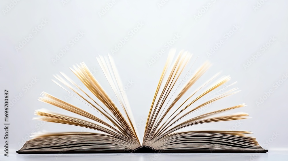 Fototapeta premium Open book with fanned pages on light background