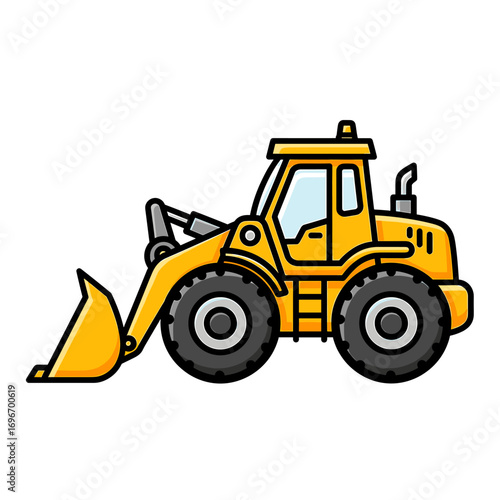 A cartoon illustration of a yellow front-end loader with black outlines, isolated on a white background.