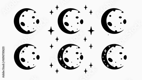 Black Crescent Moon and Star Icons Set