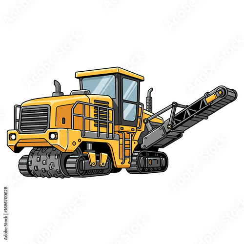 Cartoon illustration of a yellow road construction machine with a conveyor belt.
