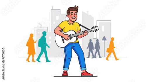Urban Ballad: A vibrant illustration captures a musician serenading passersby in a bustling city setting, the rhythmic strum of his guitar weaving a melody amidst the urban symphony. 