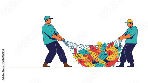 Fisherman's Bounty: Two fishermen work together to haul in a net overflowing with colorful fish. An illustration capturing the essence of a plentiful catch and collaboration.