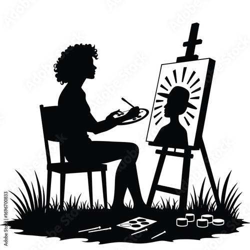 Silhouette of a woman painting a portrait on an easel