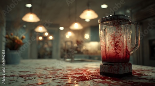 Bloody blender on a countertop with blurred figures in background