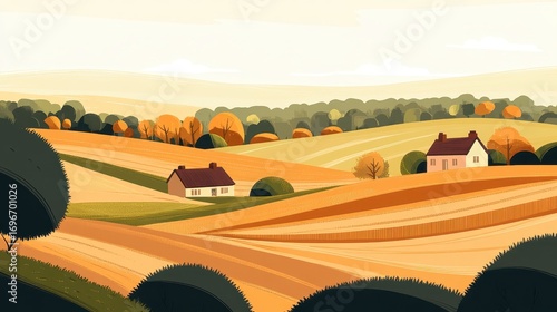 Serene Autumn Landscape with Rolling Hills and Cozy Houses