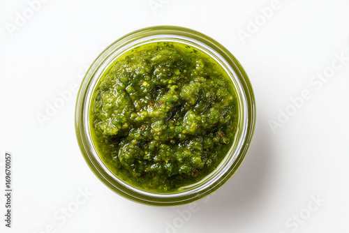 Bowl of green herb sauce with smooth texture and vibrant color. A fresh culinary condiment representing pesto, chimichurri, or herbal dressing, isolated on white background.

