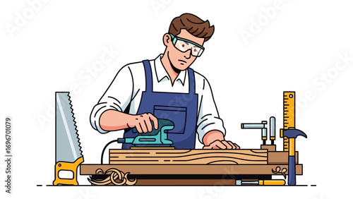 Master Carpenter at Work: A skilled carpenter meticulously works on a wooden plank, employing a sander with precision. The scene is detailed and rendered in a vector illustration style.