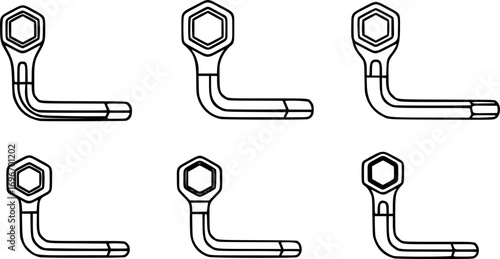 set of Allen Key Vector Symbol – Black Line Inbus Hex Wrench Icon for Tools, Engineering and Mechanical Design