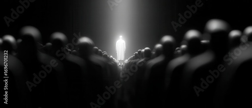 Powerful Leadership Abstract: Luminous Figure Emerges from Dark Crowd, Spotlight Illuminating Path, Symbolizing Vision, Individuality, or Divine Guidance