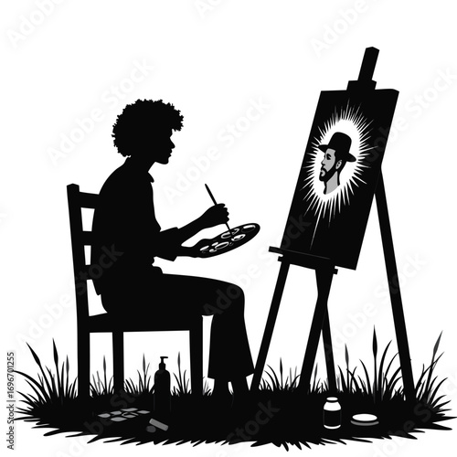Silhouette of a woman painting a portrait on an easel