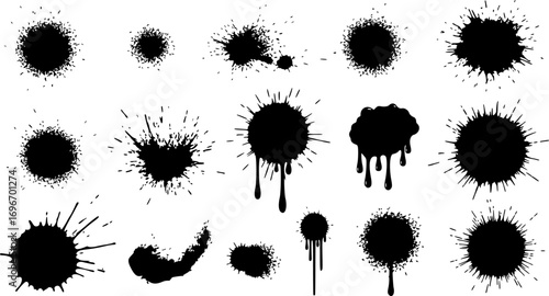 set of Vector Paint Splash Spray Black – Grunge Ink Blot Splatter Texture Isolated on White Background