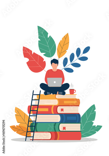 Person learning with laptop on stack of books surrounded by colorful leaves and plants