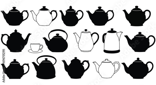 various teapots and cups displayed in silhouette