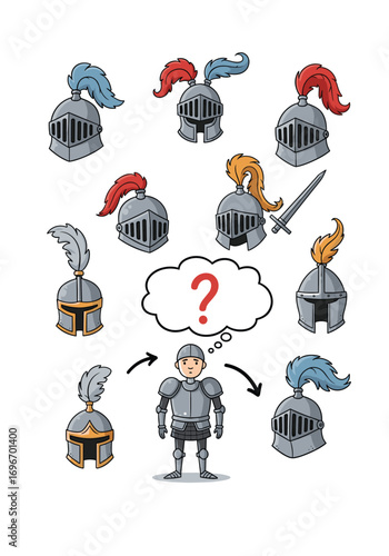 A knight ponders the perfect helmet choice among many options