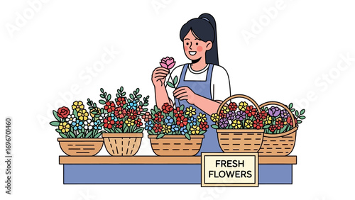 Florist's Floral Symphony: A cheerful florist tends to an array of vibrant blooms, artfully composing arrangements that emanate beauty and freshness, showcasing nature's artistry.