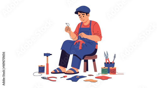 Crafting with Precision: An artisan meticulously sews leather, surrounded by tools of their trade, embodying skill and dedication.