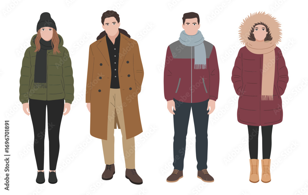 Fototapeta premium Winter Fashion Couples Illustration Featuring Handsome Guys and Beautiful Girls in Stylish Outfits. Casual Cold-Weather Clothing Design Perfect for Trendy Lifestyle or Seasonal Campaigns.