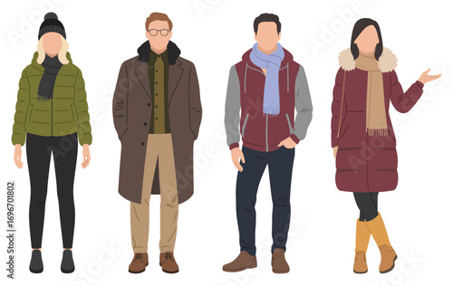 Winter Fashion Couples Illustration Featuring Handsome Guys and Beautiful Girls in Stylish Outfits. Casual Cold-Weather Clothing Design Perfect for Trendy Lifestyle or Seasonal Campaigns.