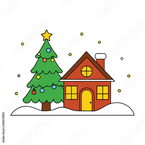A cozy house glows with warm lights on a snowy Christmas night, while a sparkling tree stands tall outside, spreading festive cheer under the starry sky.
