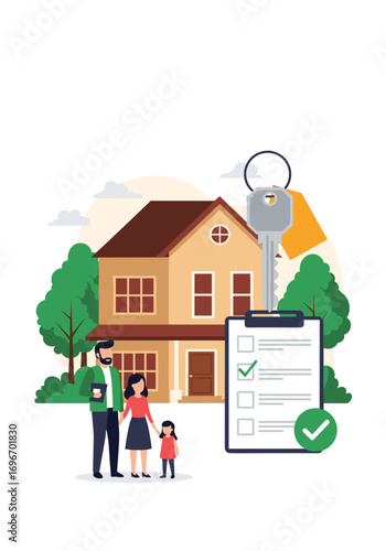 Family purchasing new home keys checklist approval and successful real estate transaction