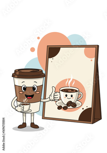 Happy coffee cup character presents menu with delicious beverage art