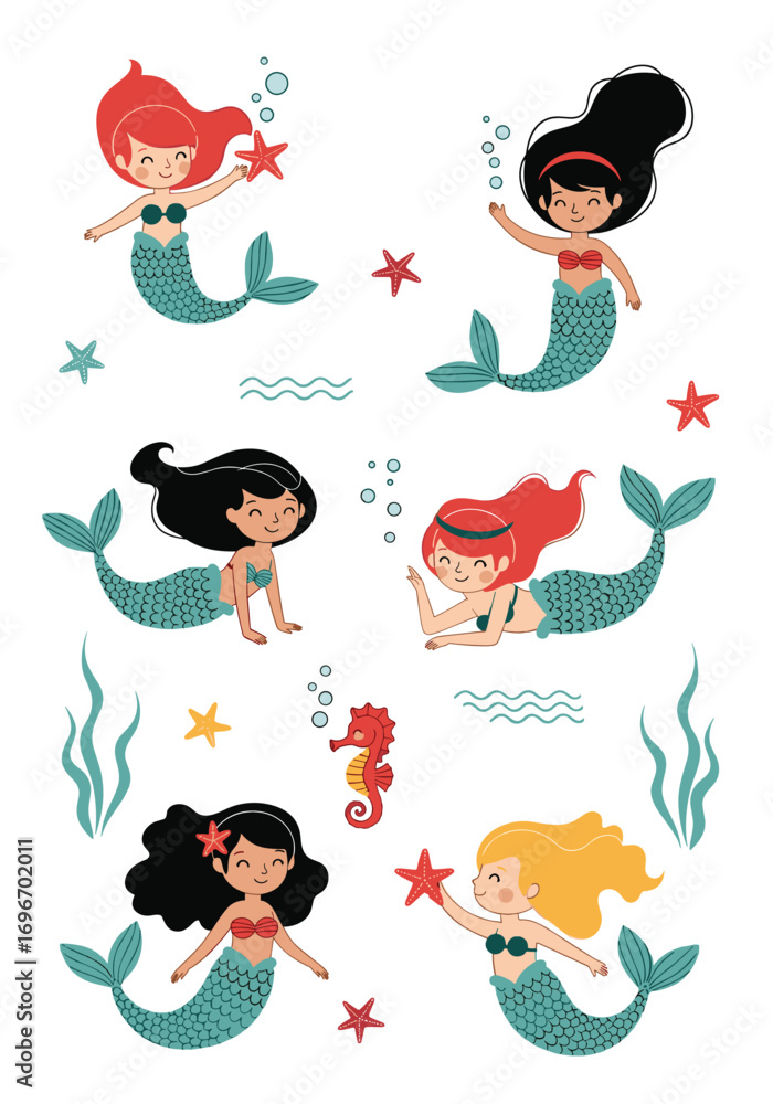 Obraz premium Charming underwater mermaids with stars and seahorse friends fun illustration