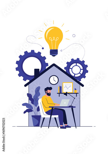 Creative person working remotely at home inspiring new ideas with lightbulb icon and gears