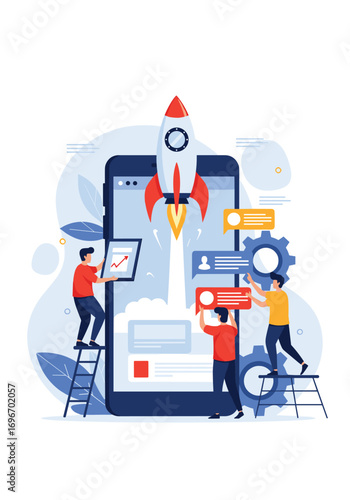 Mobile app development launching startup business growth strategy and team collaboration concept illustration