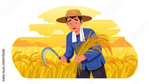 Harvest's Burden: A focused farmer harvests golden grain under the sun. He holds the freshly cut wheat stalks with a touch of seriousness, symbolizing hard work.