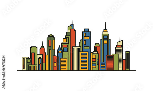 Colorful modern city skyline illustration with diverse skyscrapers and urban buildings, line art style.